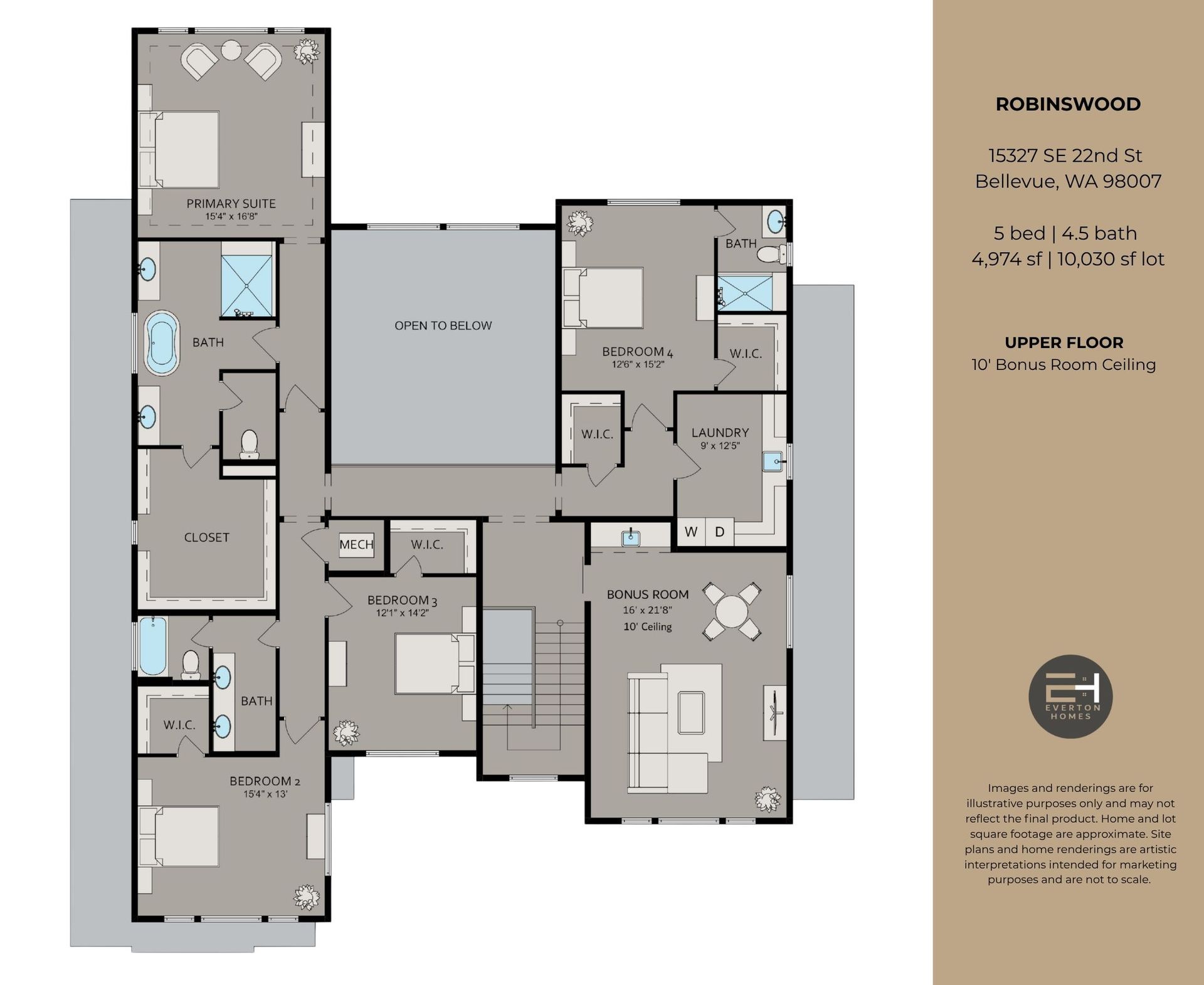 Floor plan of a gray-and-white layout with rooms, furniture, and labels on a beige side panel