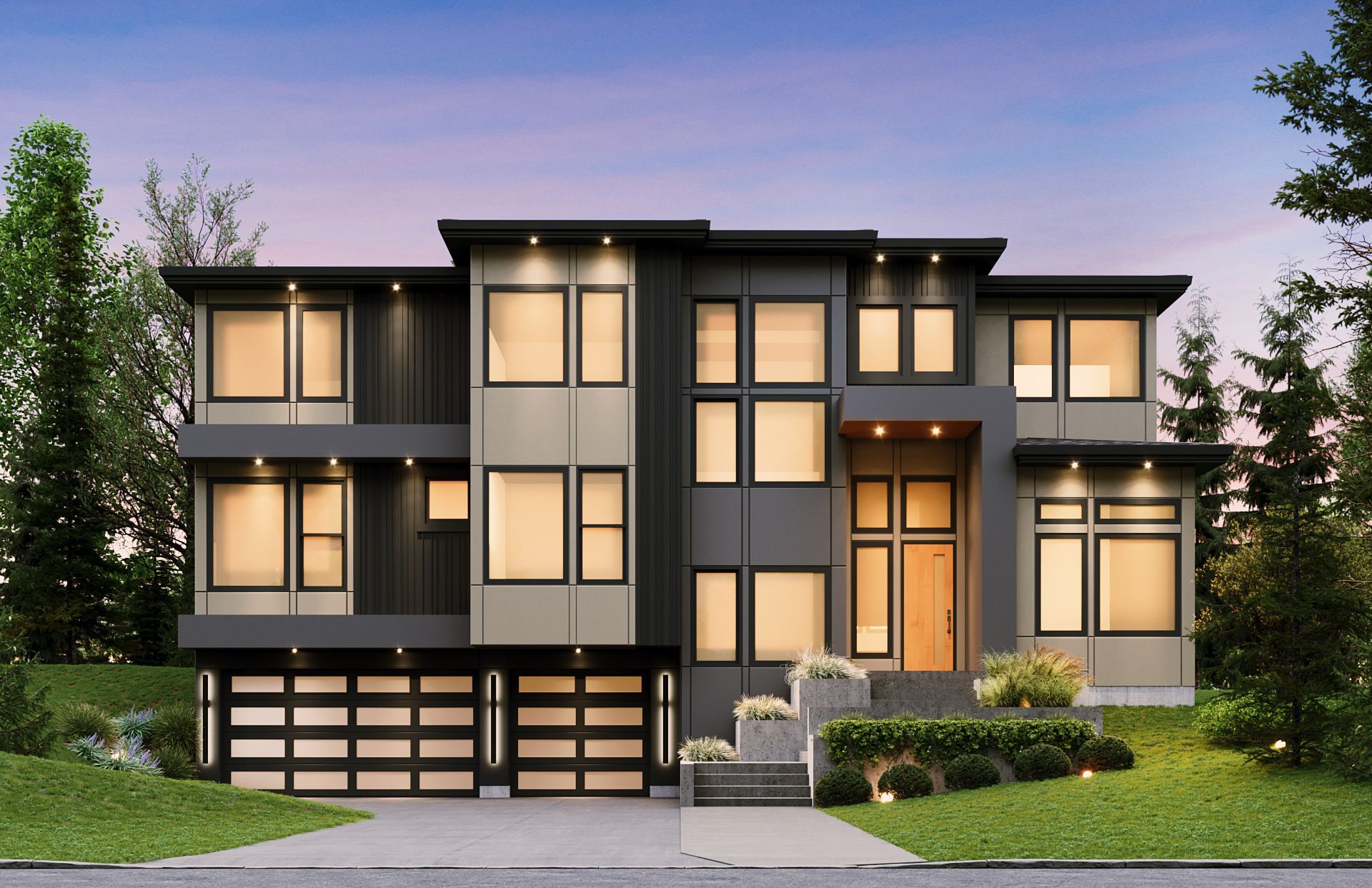 A modern three-story house with a flat roof, charcoal and beige paneling, and a two-car garage at twilight.