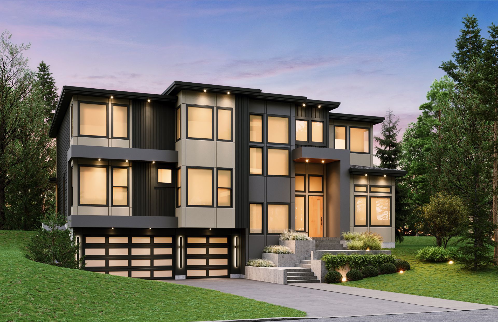 A three-story modern house with dark and light gray panels, a two-car garage, and steps leading to the front entrance.