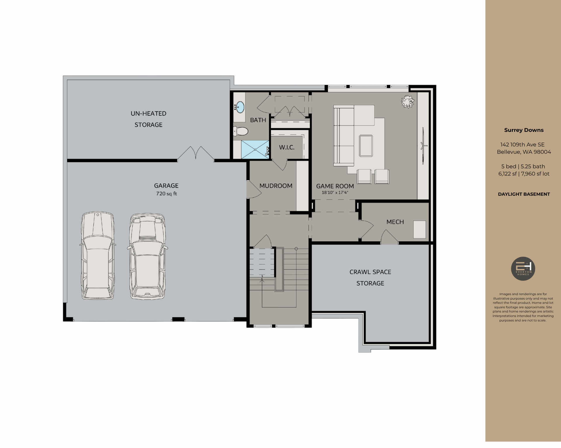 Floor plan of a house with garage, kitchen, living room, hall, and bedrooms in gray and white.