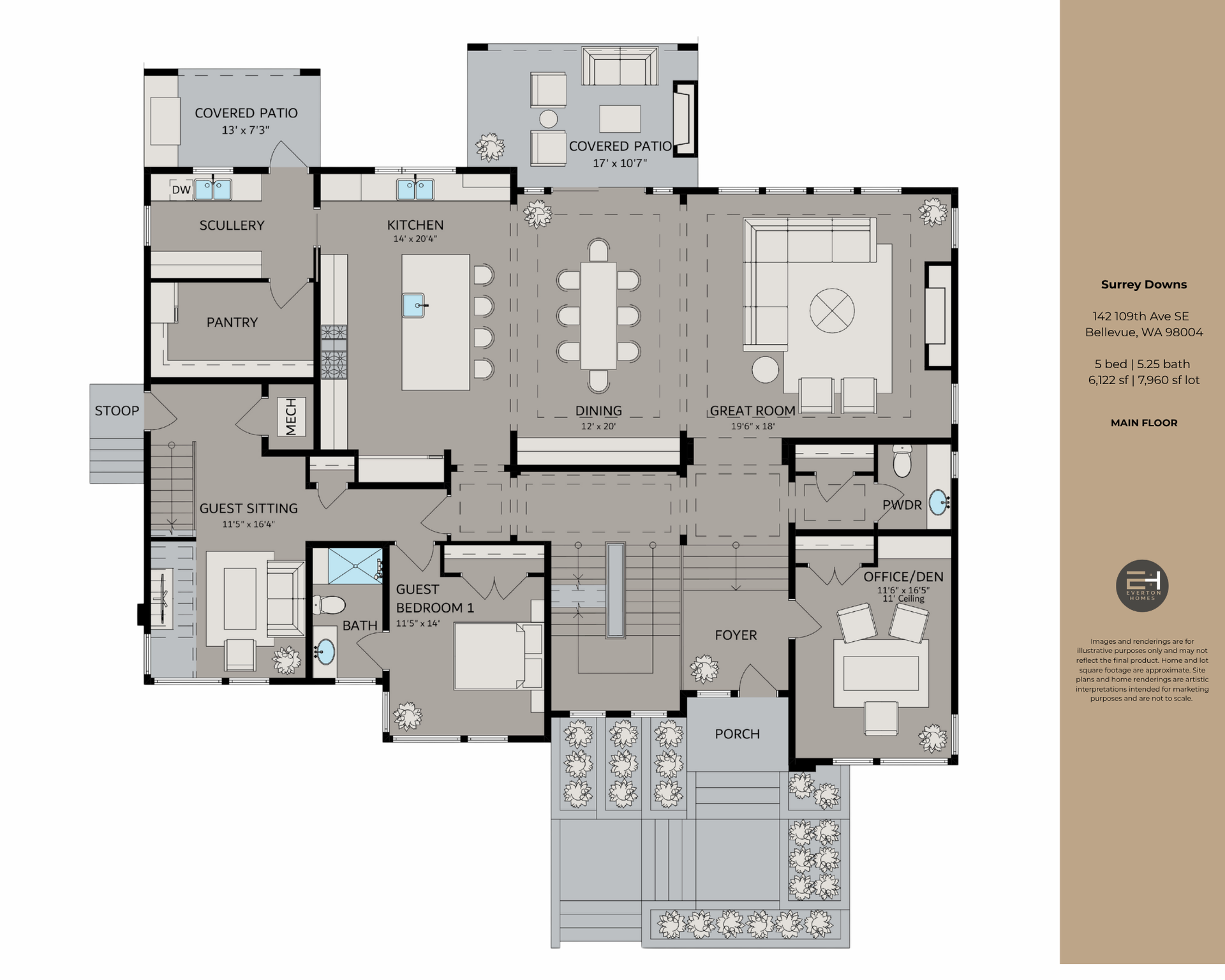 Detailed house floor plan with labeled rooms and furniture layout on a light background