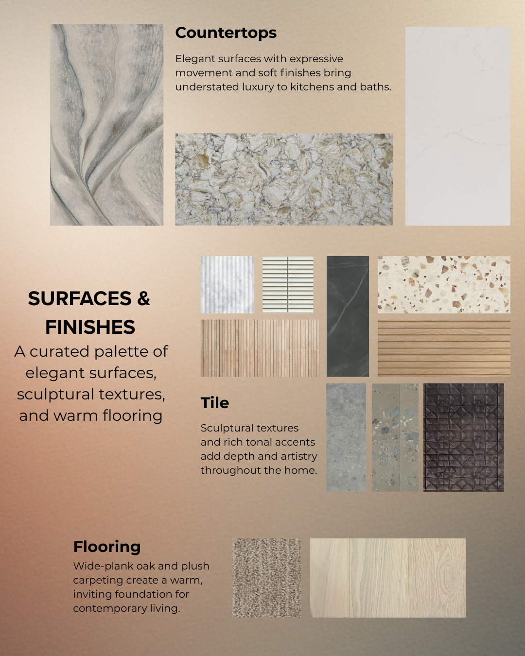 Interior material mood board with countertop, tile, and flooring swatches in neutral tones