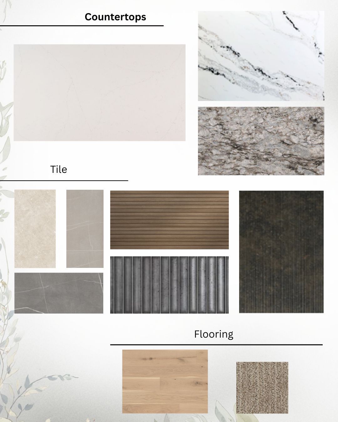 Countertops, tile, and flooring material samples in neutral tones and wood textures.