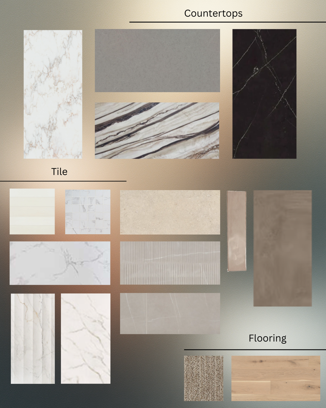 Countertop, tile, and flooring samples arranged on a dark background. Colors include white, gray, black, and beige.