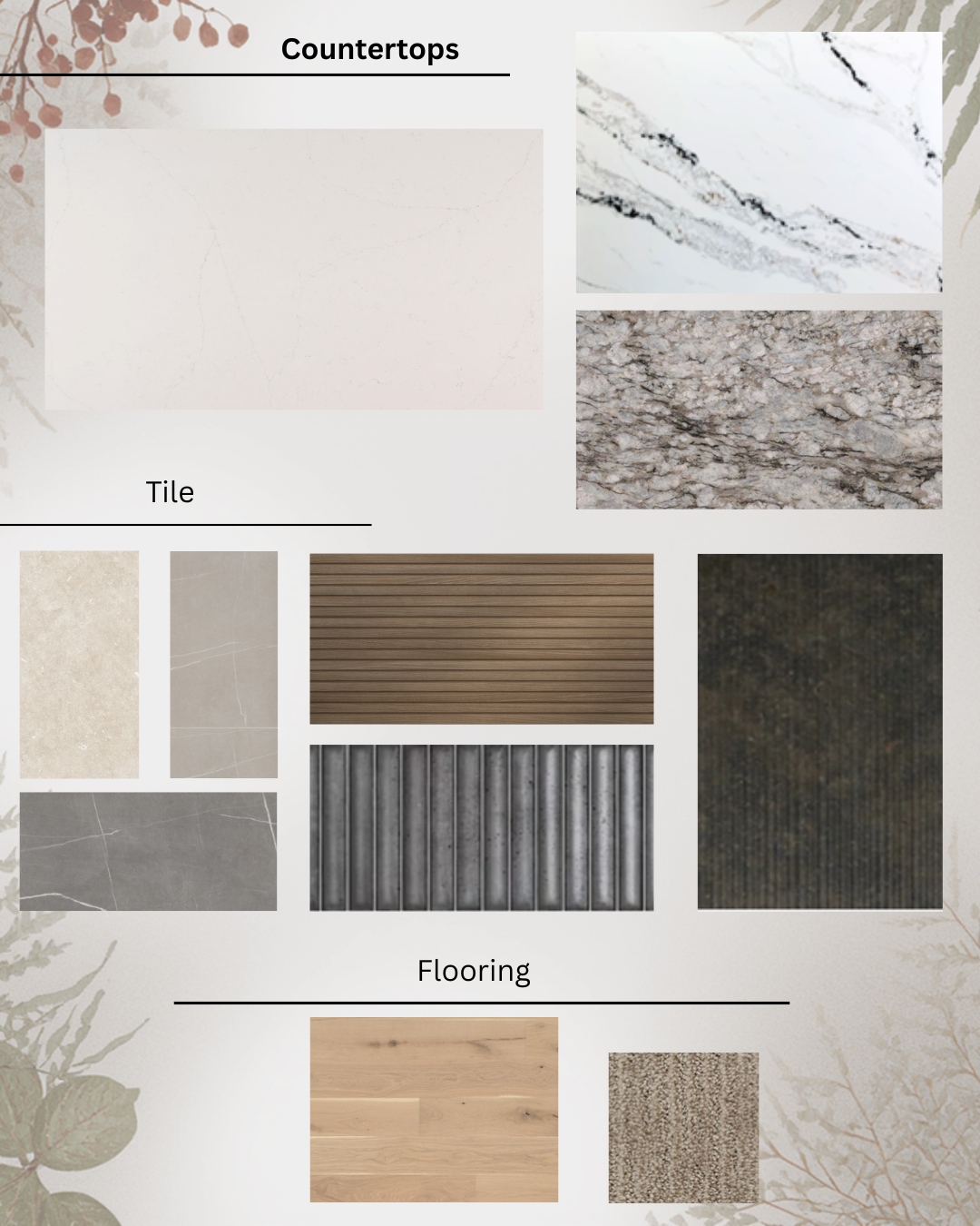 Mood board with countertop, tile, and flooring samples in various colors and textures.