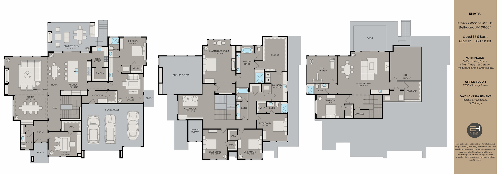 Three architectural floor plans side-by-side. Grey and white, detailed. A legend on right.