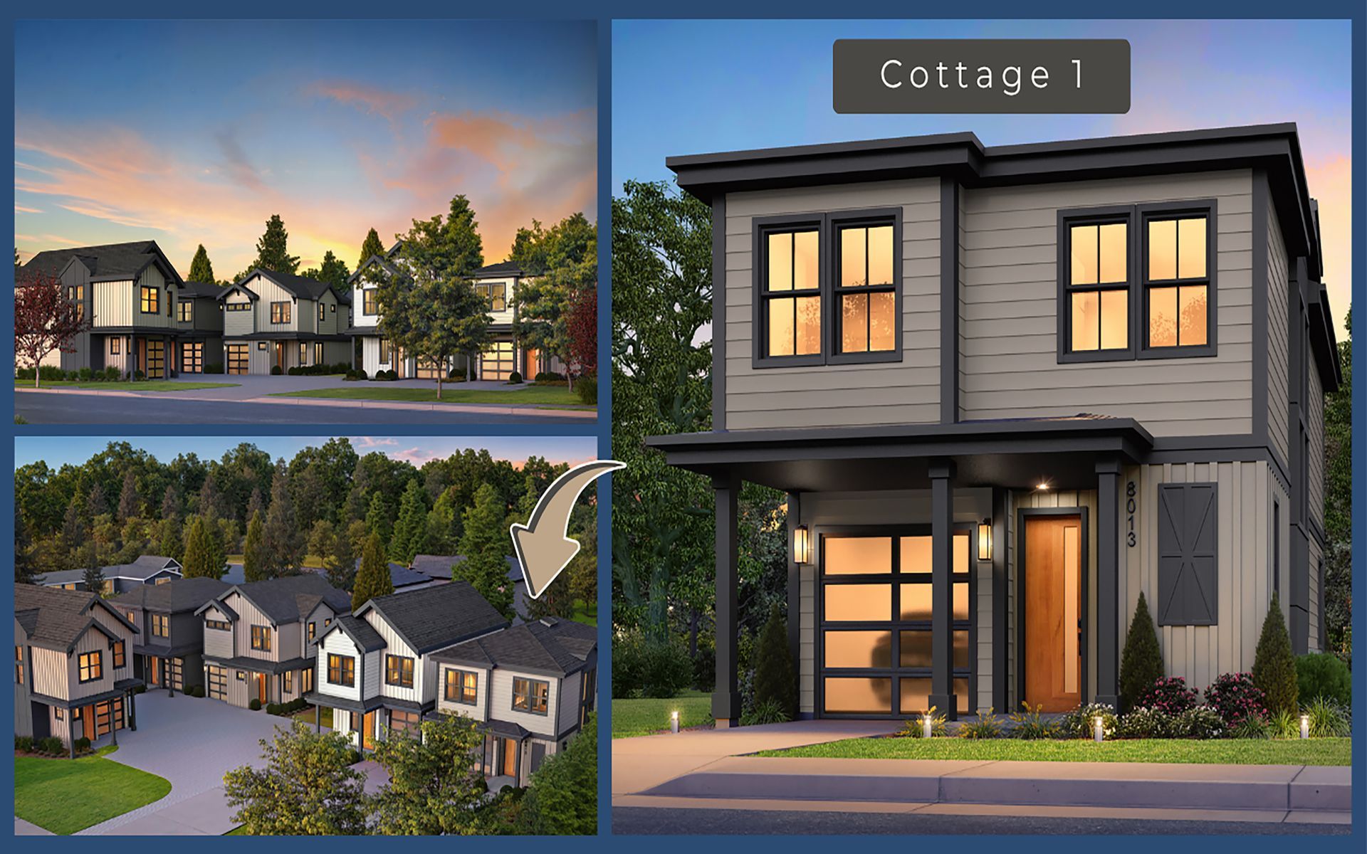 Multiple modern cottages, one labeled