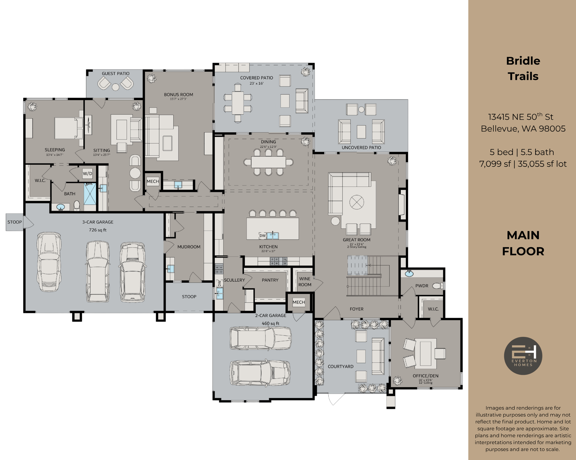Architectural floor plan of a house, gray tones, labeled