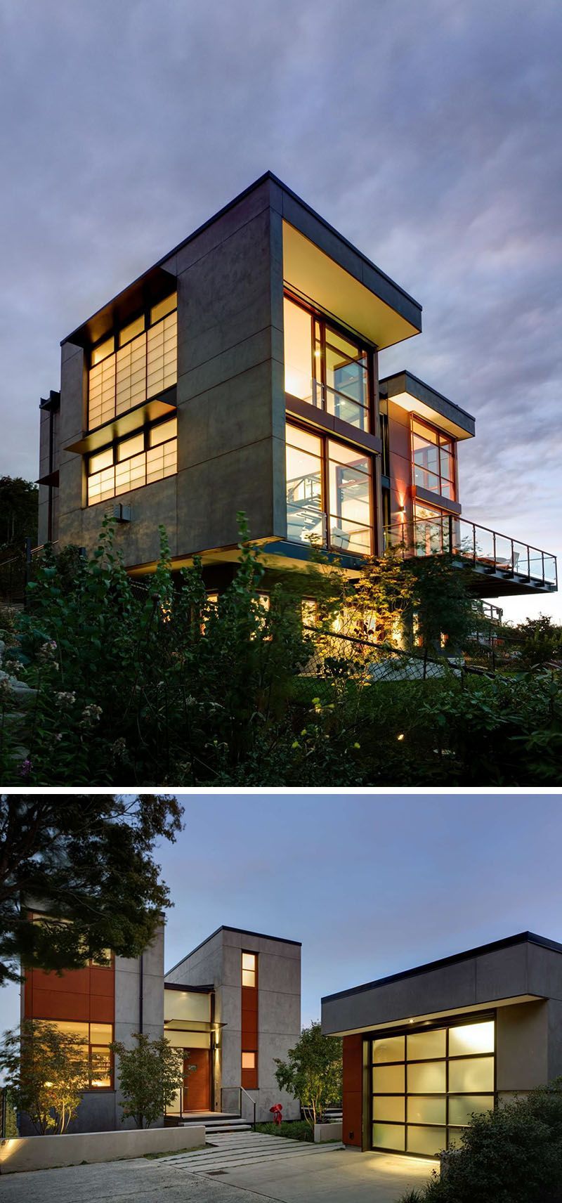 A modern house with a lot of windows and a garage