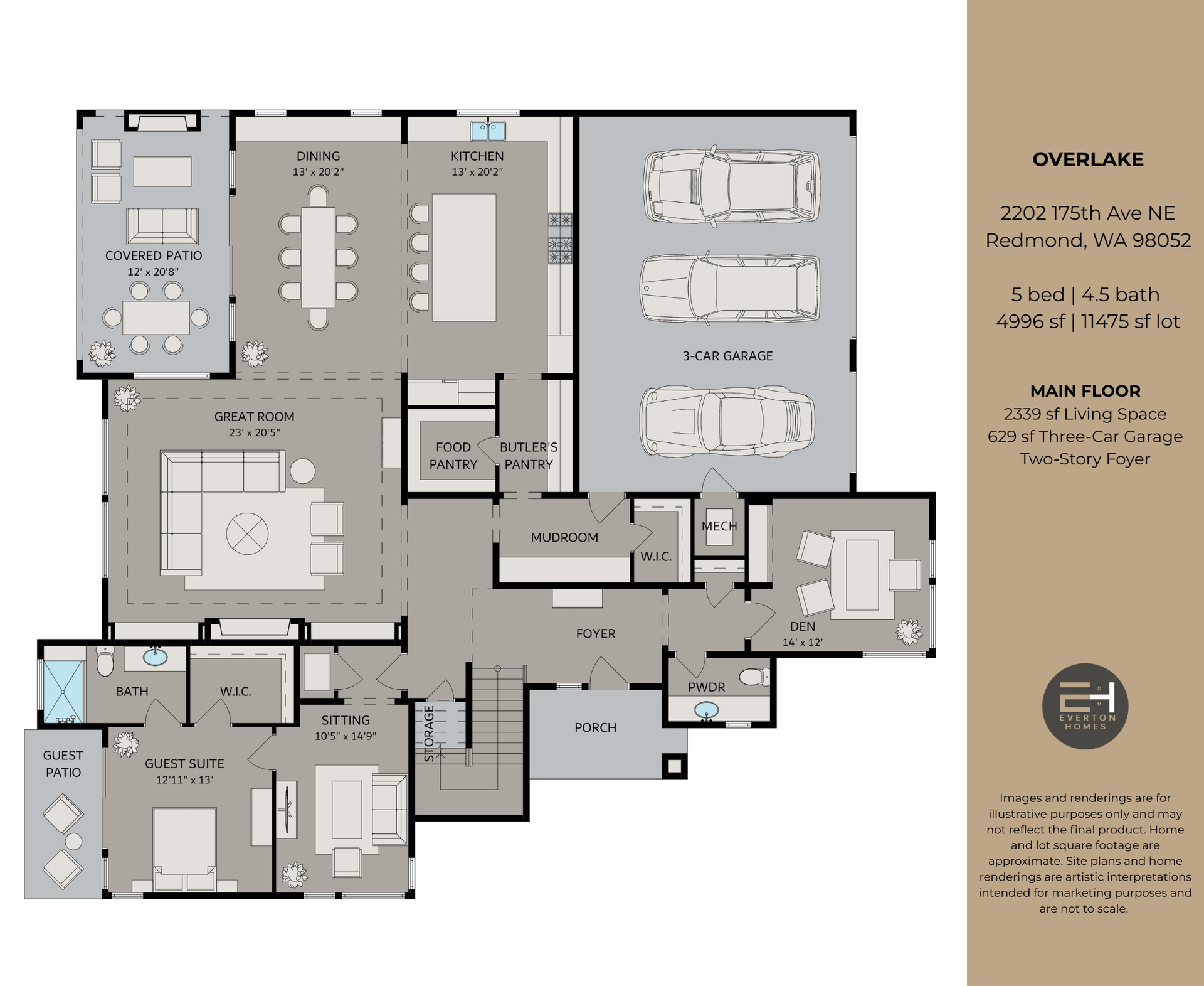 Floor plan of a house with living spaces, dining area, kitchen, garage, and bedrooms.