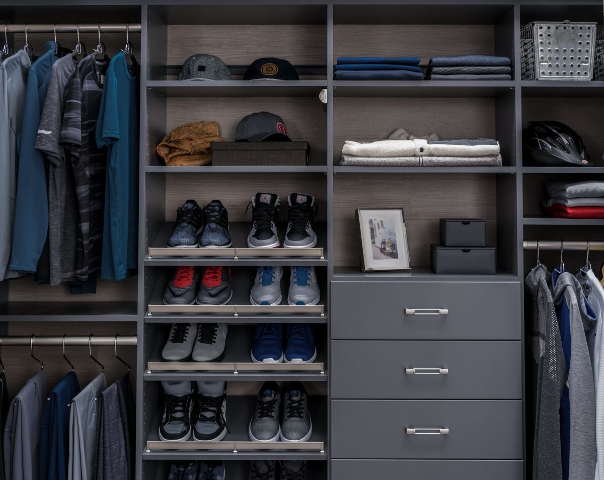 A closet filled with lots of clothes and shoes