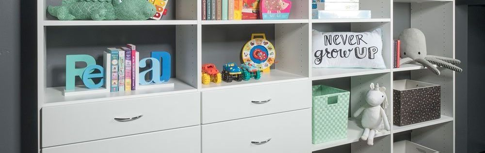 A white bookshelf filled with books and toys