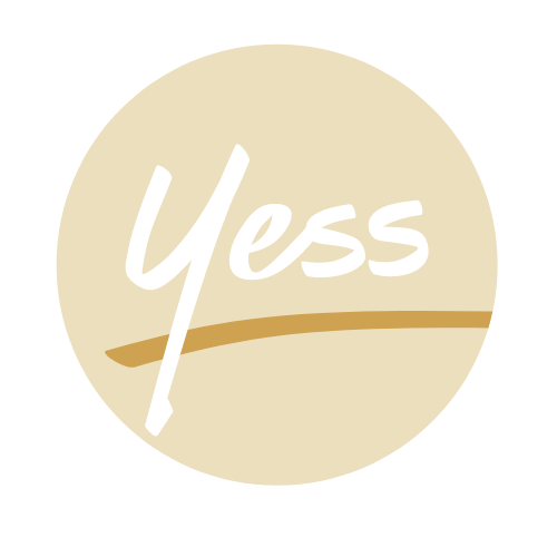 Crèmekleurig rond logo met het woord