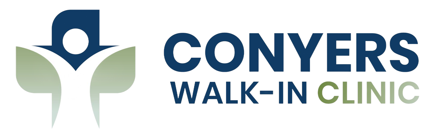 Conyers Walk-In Clinic logo with blue text and a stylized green and blue medical figure