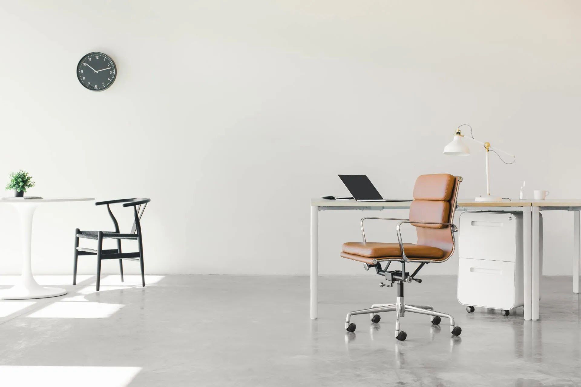 desks in a white office space