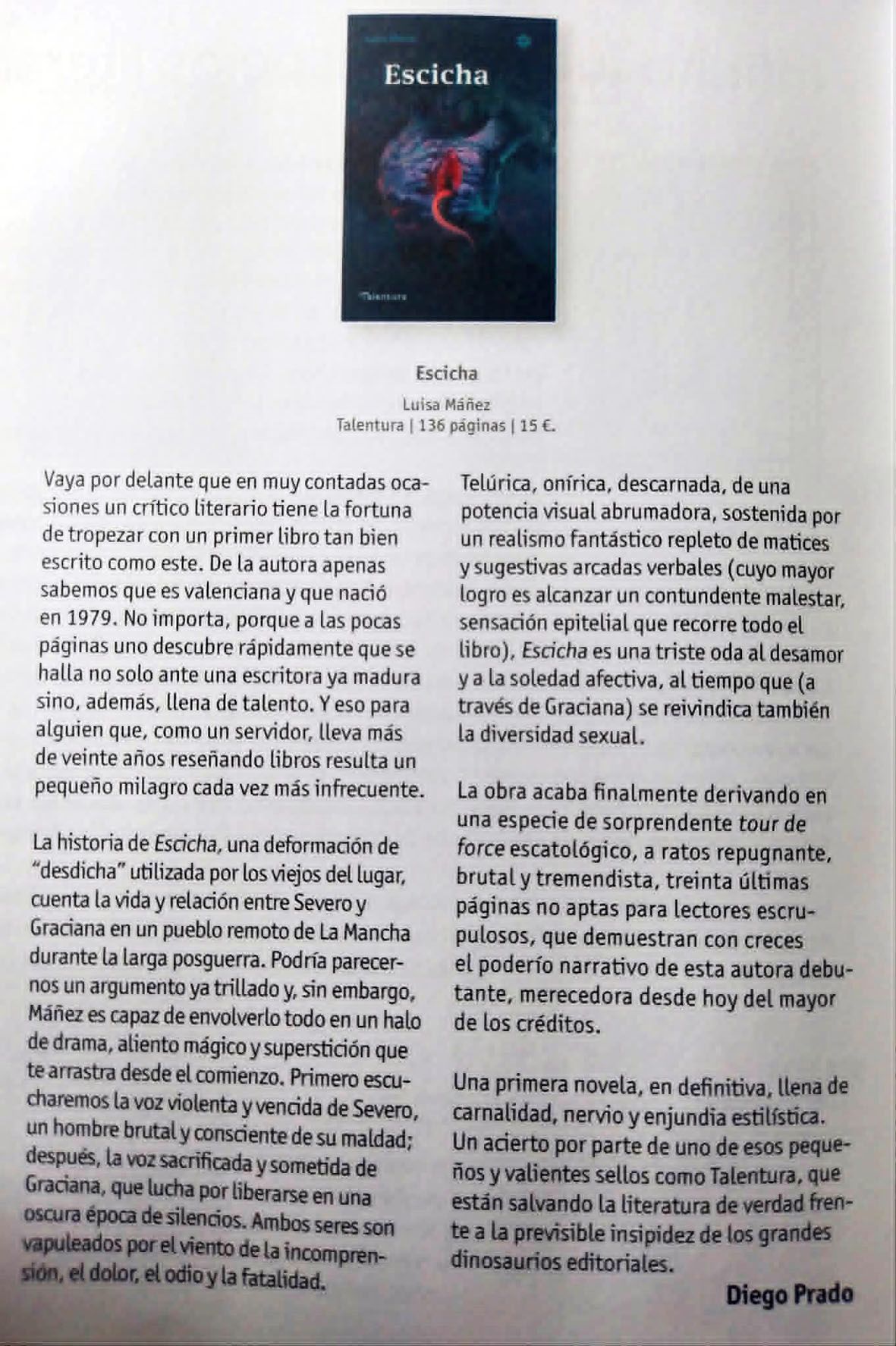 Reseña de Diego Prado en el nº 67 de la revista literaria Librújula