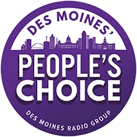 Des Moines People’s Choice logo in purple and white with city skyline silhouette and Des Moines Radio Group text