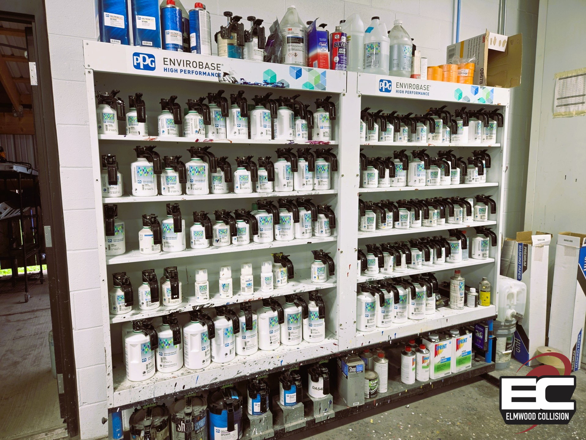 PPG Envirobase automotive paint mixing system used for factory color matching at Elmwood Collision.