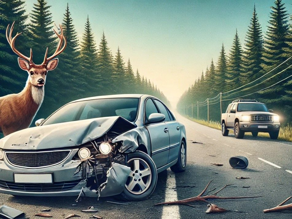 Image of car damaged by deer accident at side of road.