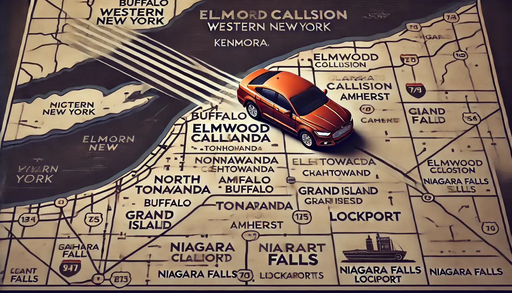 car driving on map to elmwood collision in kenmore new york