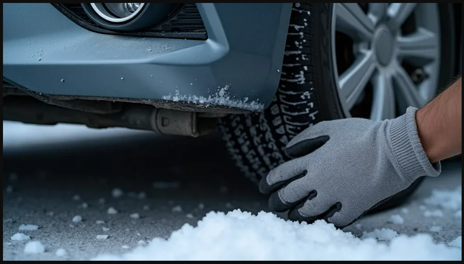 person checking lower bumper and wheel after winter driving damage.