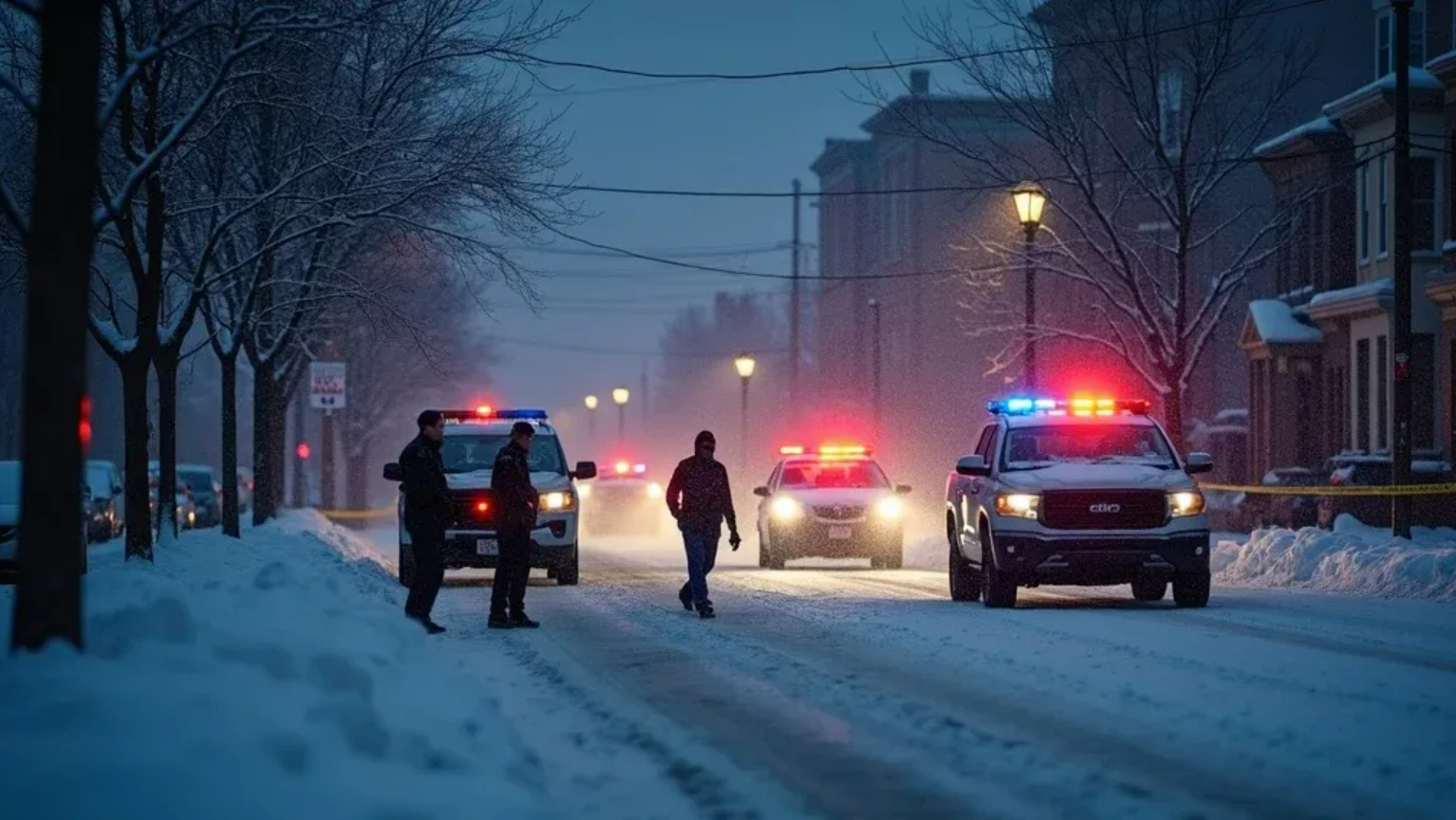 police at scene of collision damage on icy road during winter.