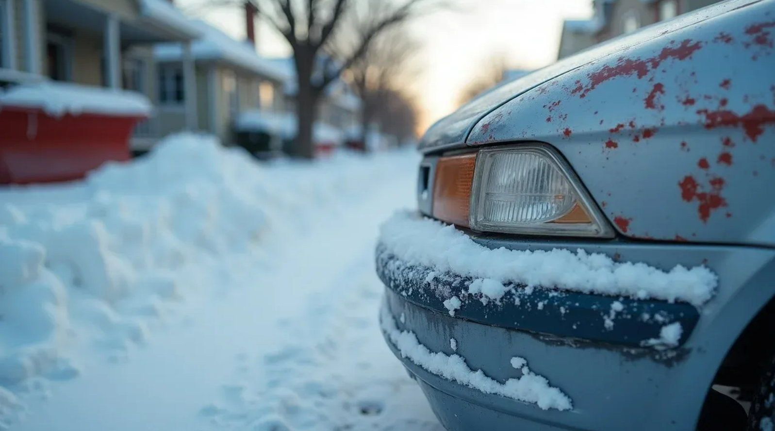 peeling paint and exposed rust on fender due to cold buffalo winter