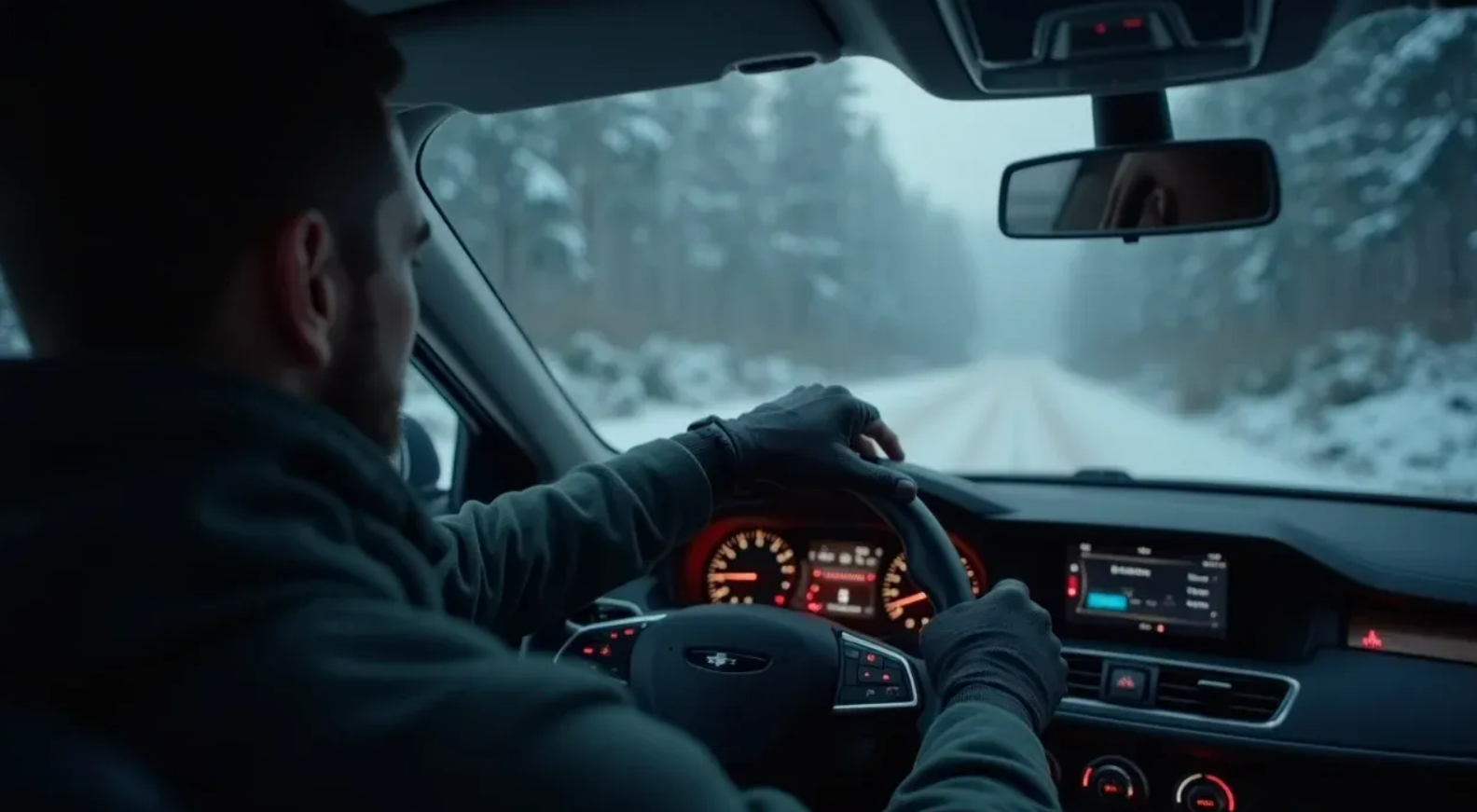 driver cautiously driving down snow covered road during winter.
