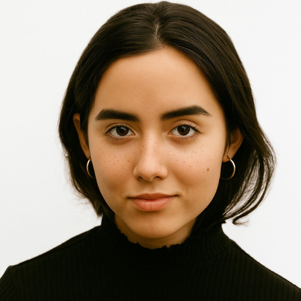 Una persona con cabello oscuro y pendientes de aro dorados mira directamente a la cámara sobre un fondo blanco liso.