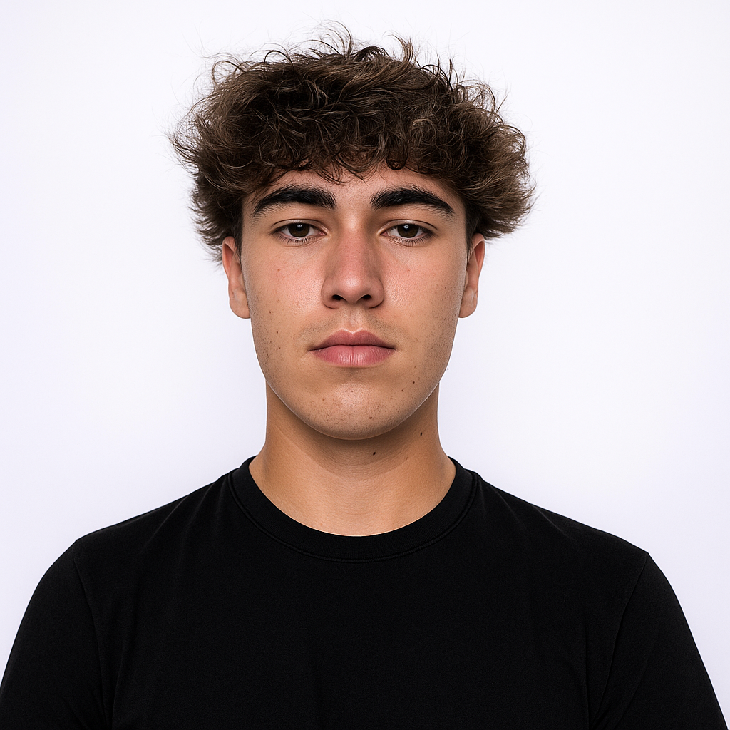 Primer plano de una persona con cabello castaño rizado que lleva una camiseta negra sobre un fondo blanco liso.
