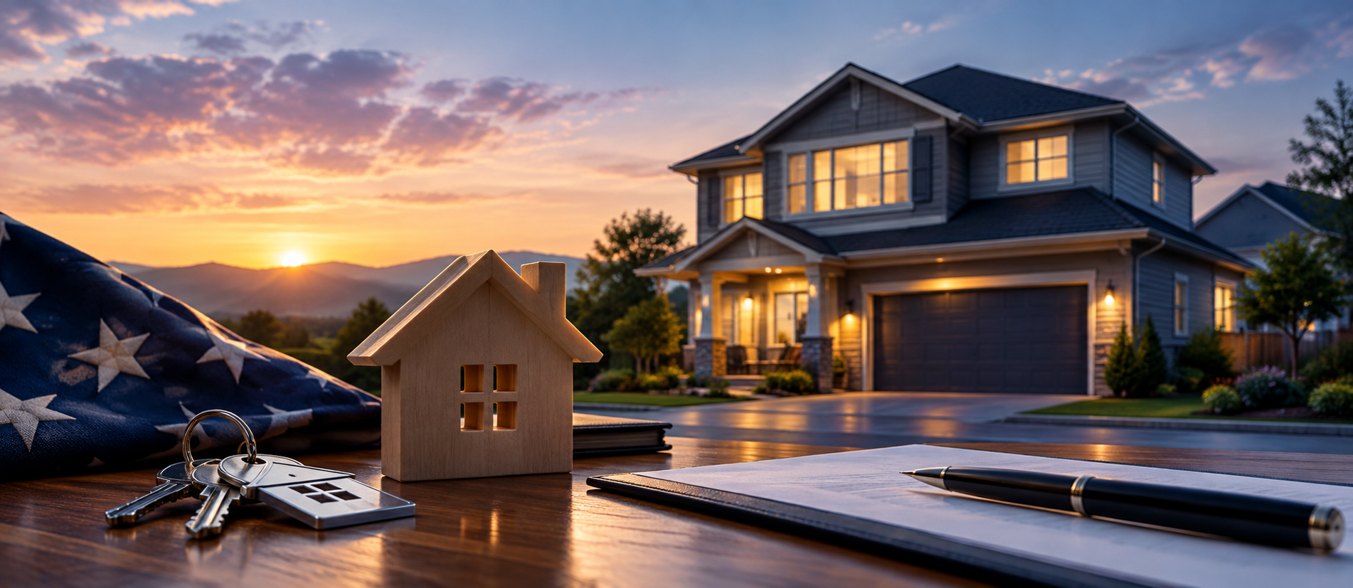 House key and sold sign beside a new suburban home at sunset with a U.S. flag in the foreground