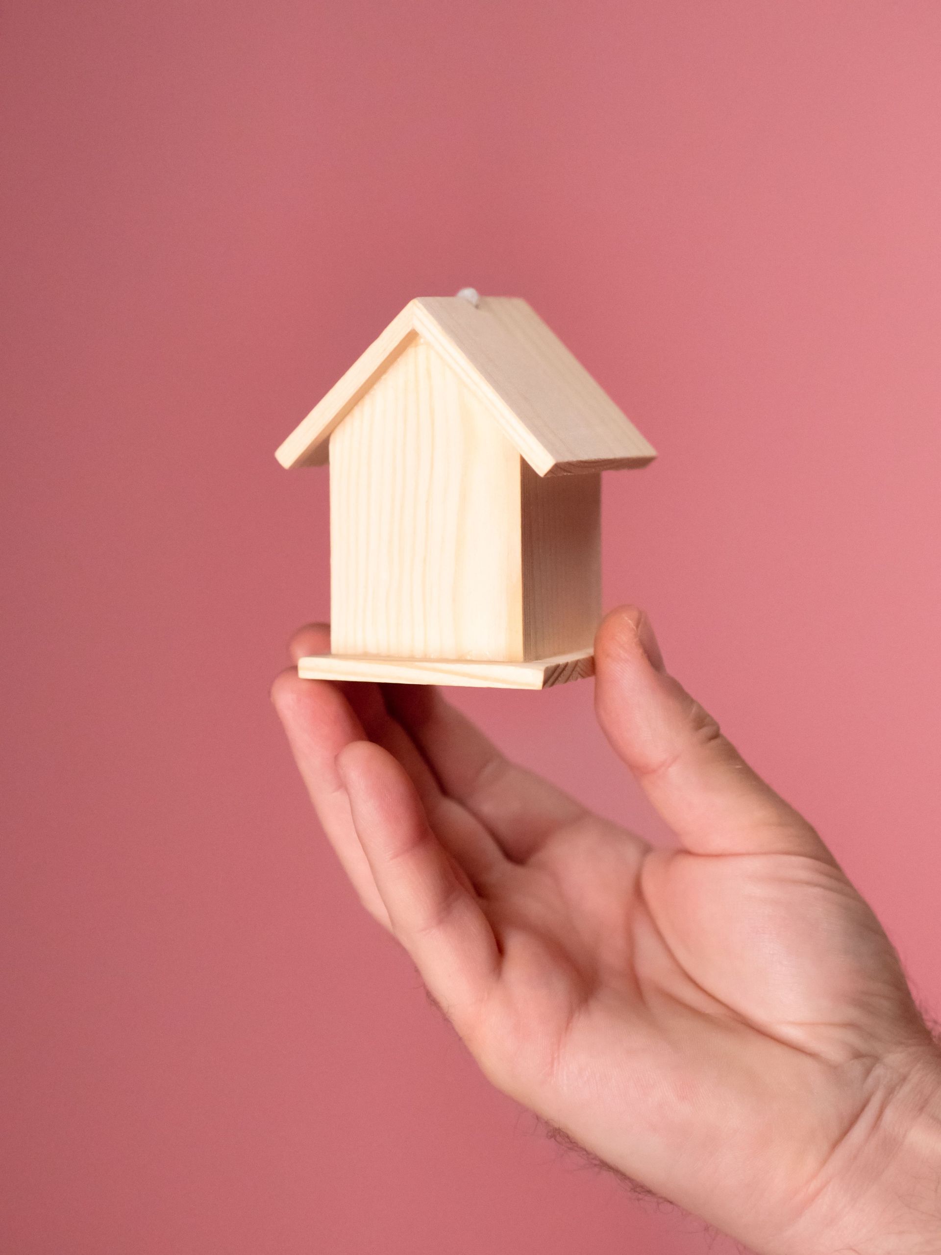 Hand holding a small wooden house model against a pink background