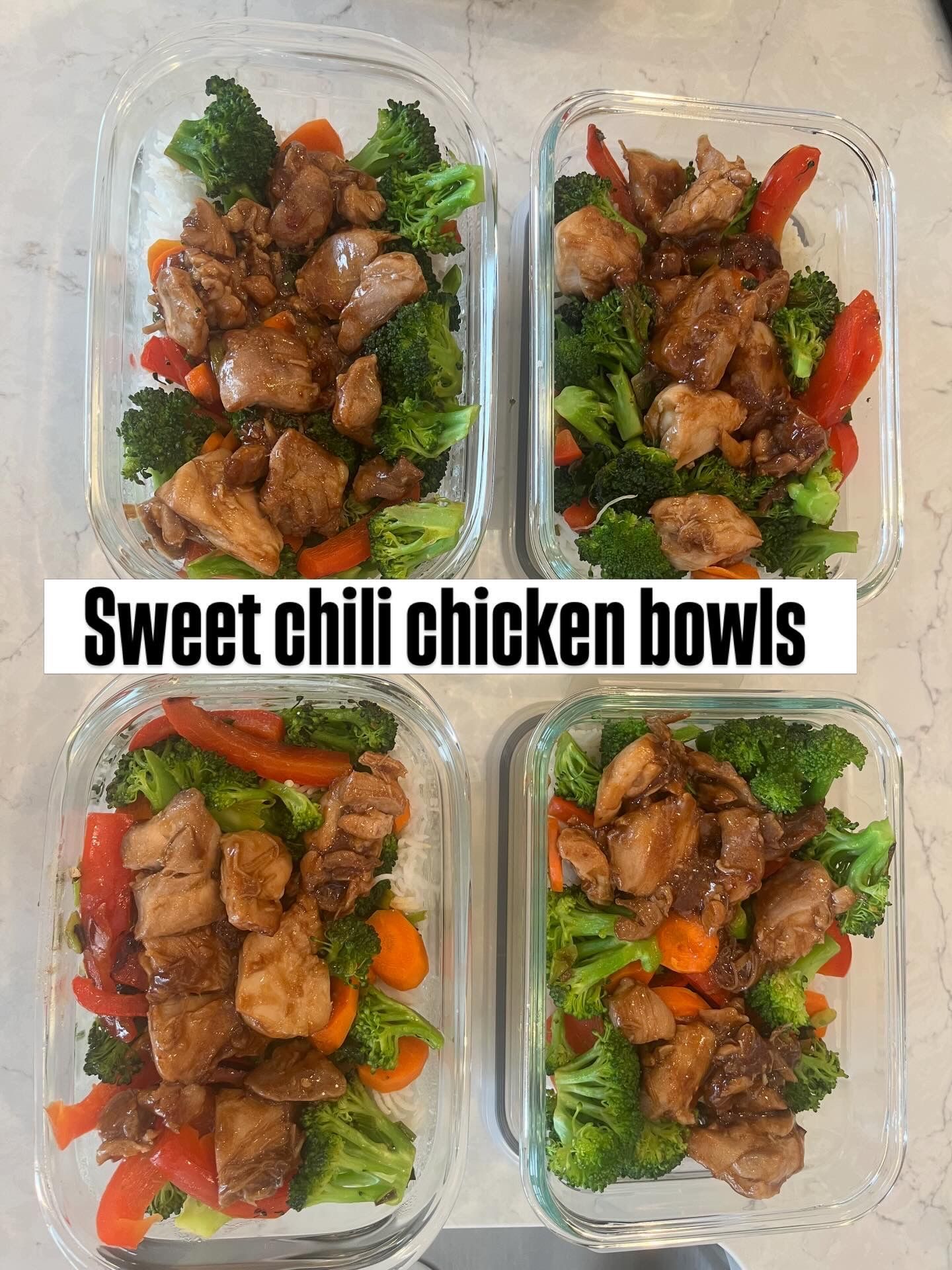 Four meal prep containers of sweet chili chicken bowls with broccoli, peppers, and rice on a white surface