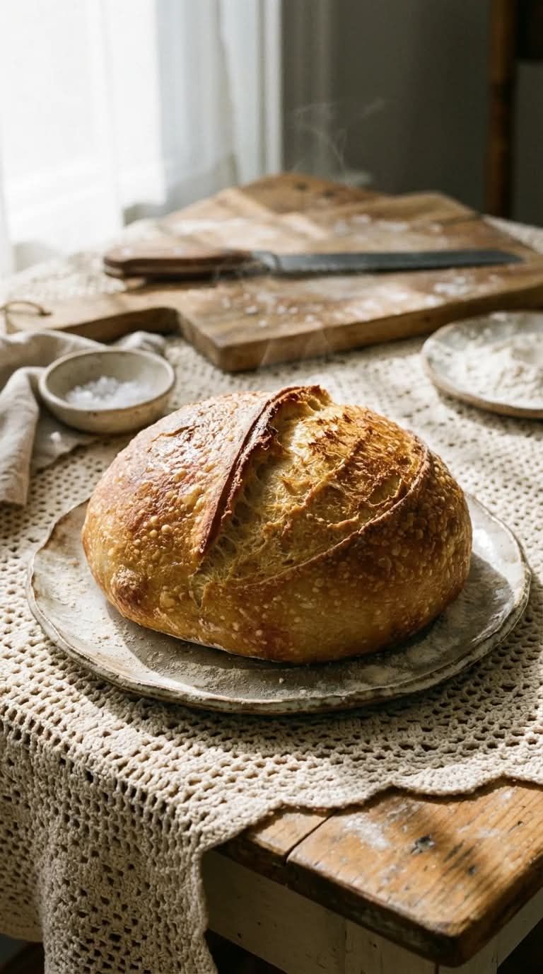Rustic loaf of crusty bread on a linen-covered table with bowls and wooden boards nearby