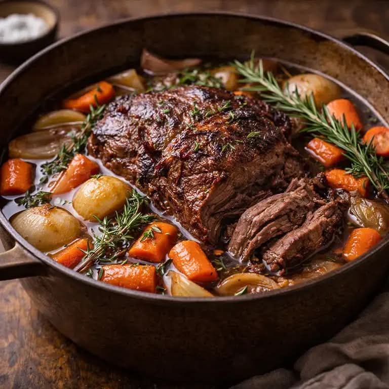 Braised beef roast in a skillet with carrots, potatoes, and rosemary in rich brown sauce