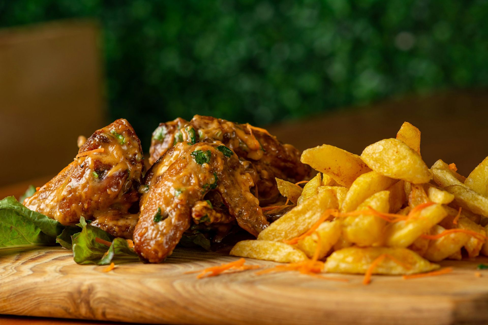 A serving of glazed, garnished chicken wings with a side of golden-brown potato wedges on a wooden board.