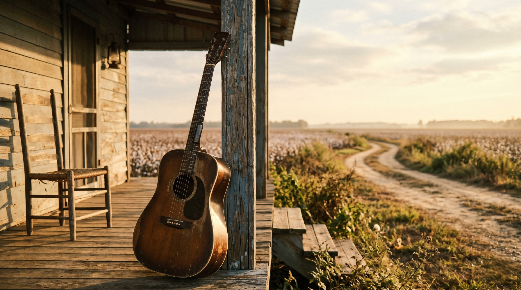 Weathered acoustic guitar resting against a wooden porch on a rural Mississippi farmhouse at sunset.