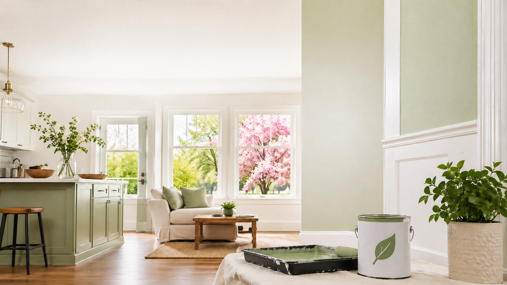 Low-VOC paint refresh in a bright spring kitchen-living space.