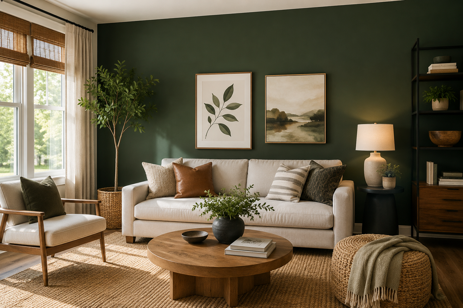 Green accent wall in a bright modern living room.