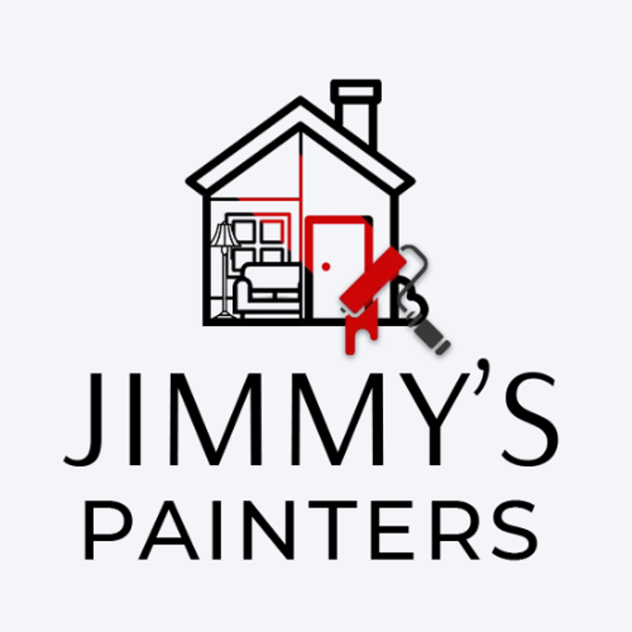 A logo for jimmy 's painters shows a house being painted