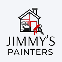 A logo for jimmy 's painters shows a house being painted