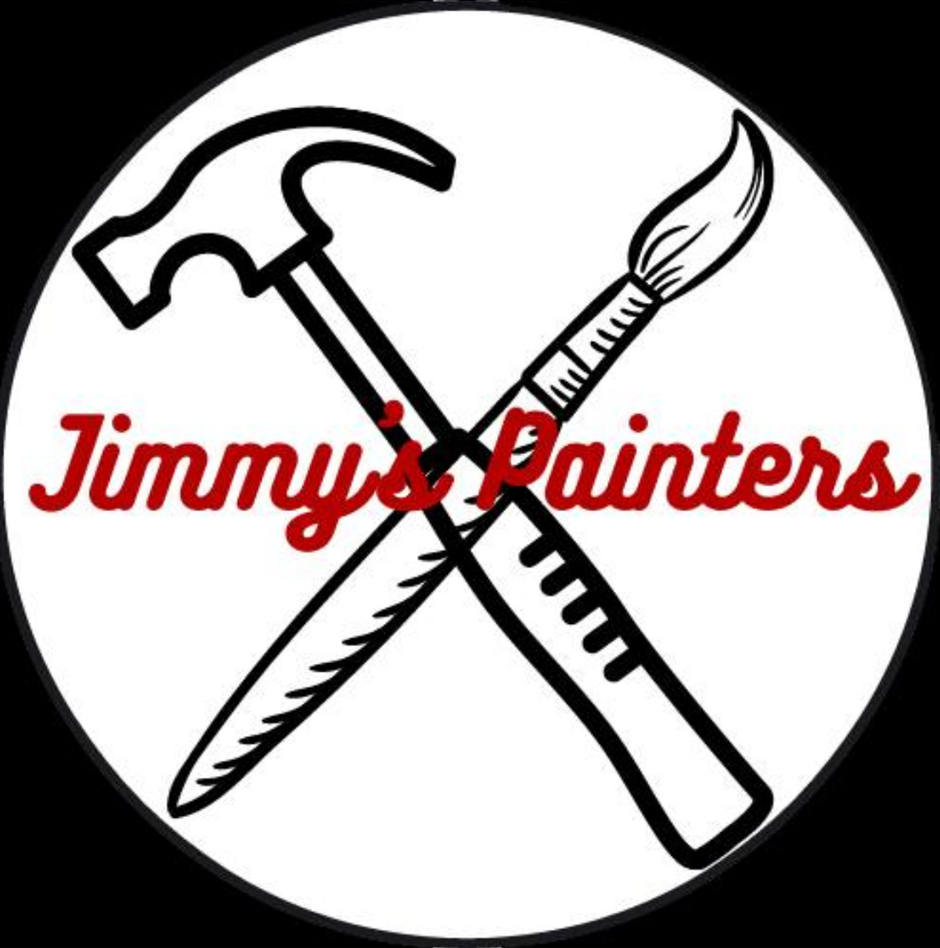 A logo for jimmy 's painters with a hammer and brush crossed