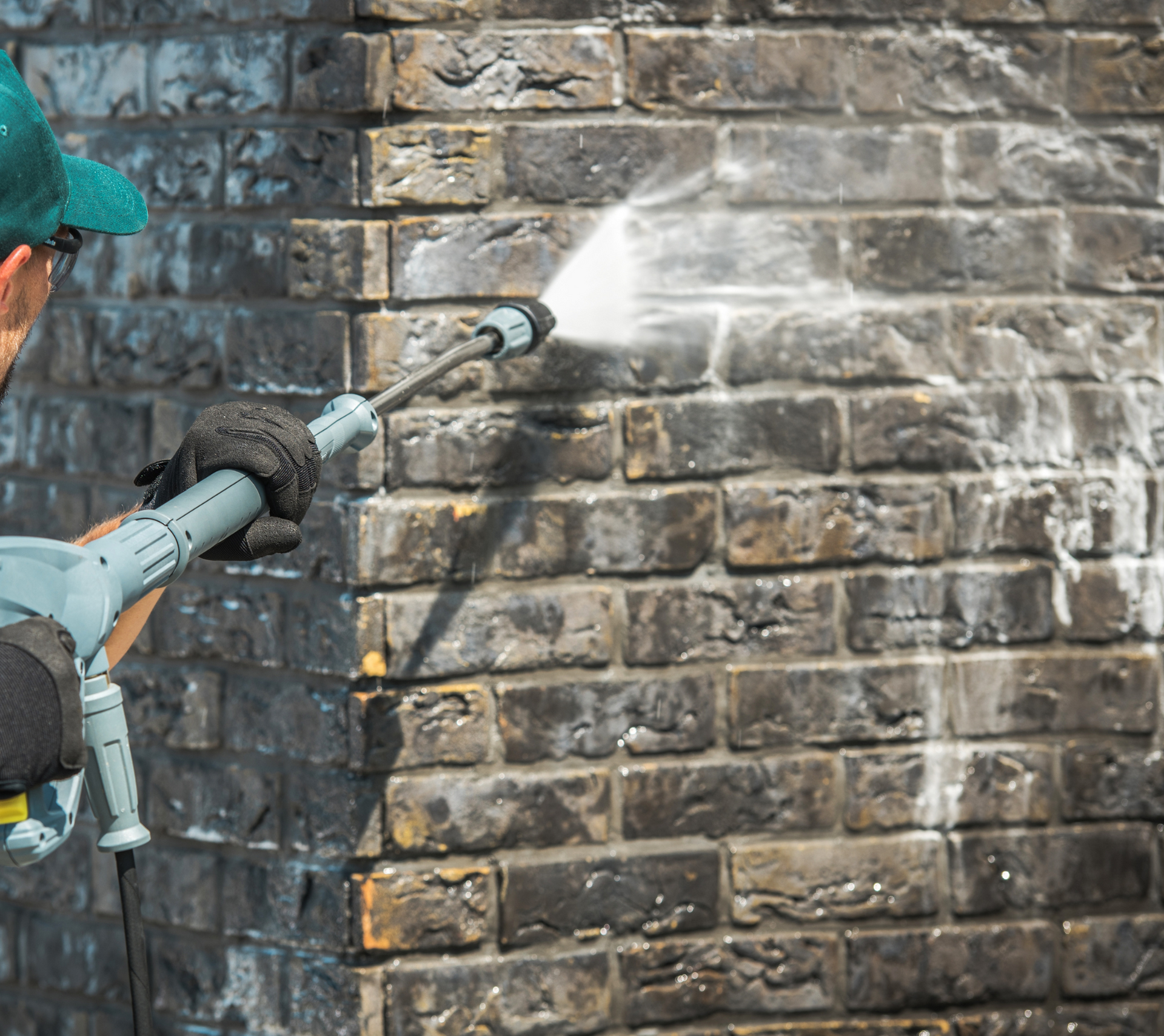 A man is cleaning a brick wall with a high pressure washer.