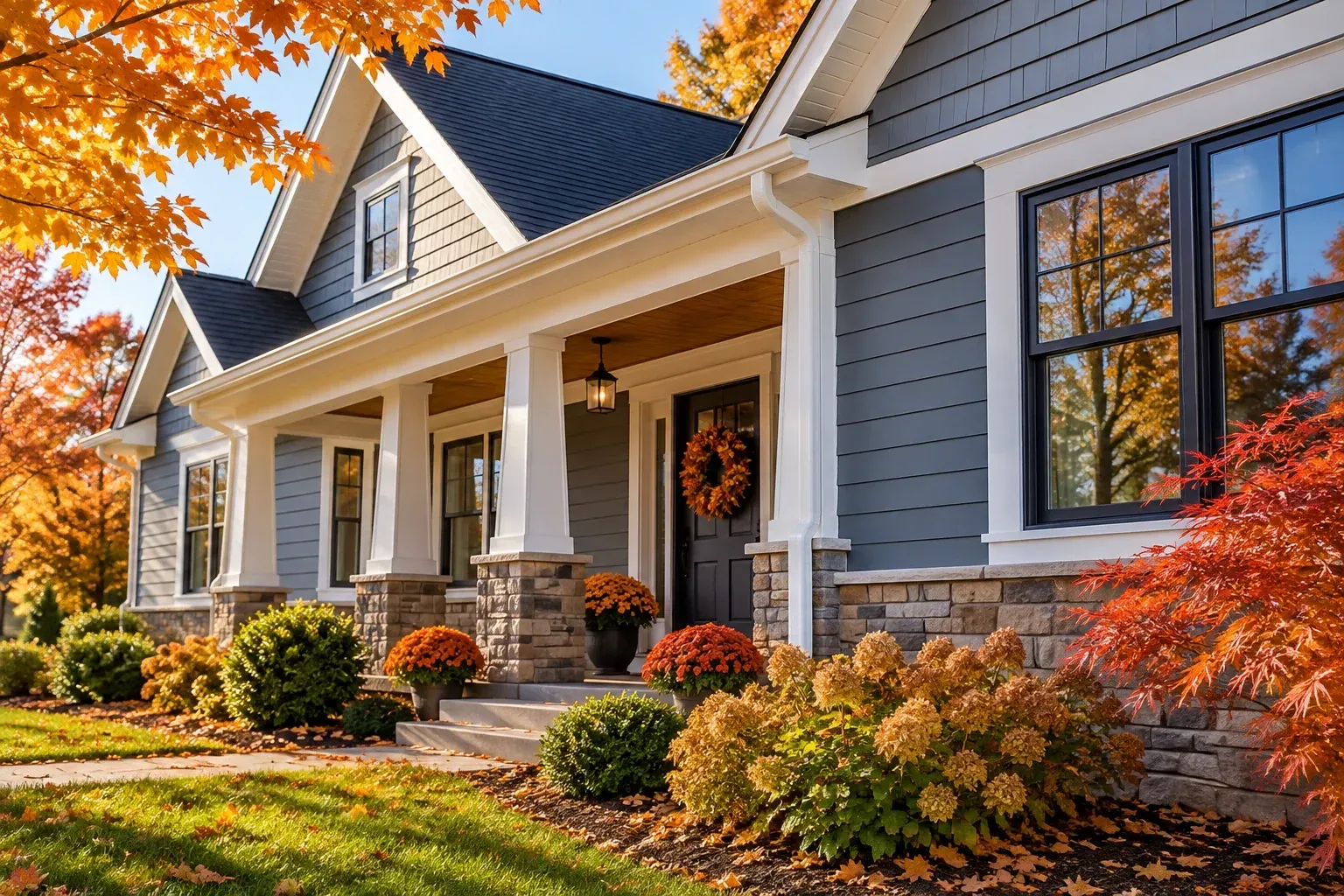 Fall home exterior with fresh paint and trim.