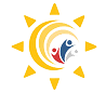 Abstract sun logo with yellow rays, a crescent moon, and a stylized face in red, blue, and white