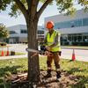 Worker in orange hard hat trimming a tree with a chainsaw outside a modern building Worker in orange hard hat trimming a tree with a chainsaw outside a modern building