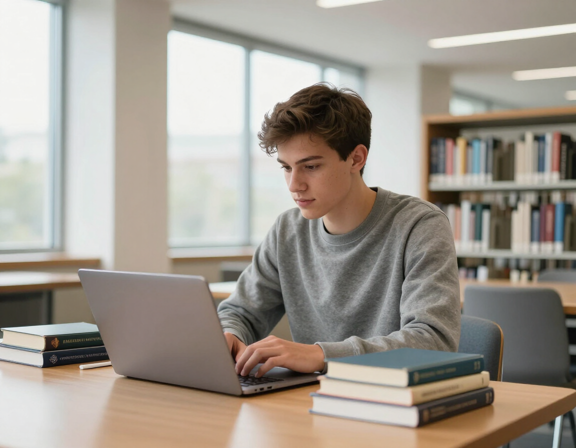 Student athlete studying in university library