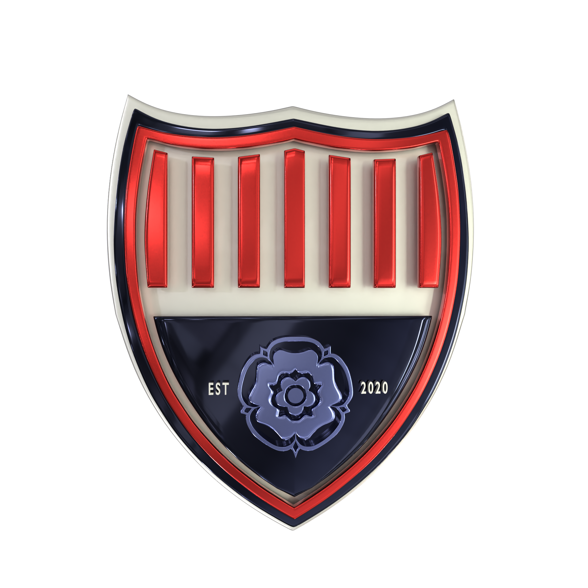 Shield-shaped red, white, and navy crest with vertical bars and a flower emblem, marked “EST 1910”