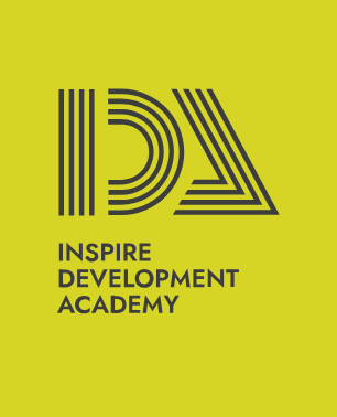 Inspire Development Academy logo in black on a bright yellow background