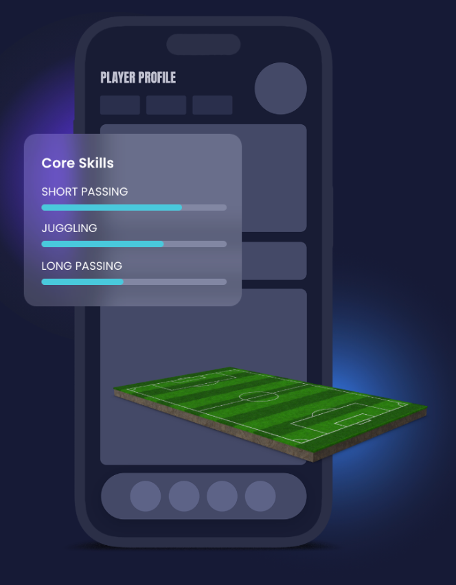 A smartphone UI with a “Core Skills” card and a floating green game board on a dark background